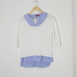 San Francisco White Crocheted Blue Striped Blouse 3/4 Sleeve Cotton Blend Sz XS